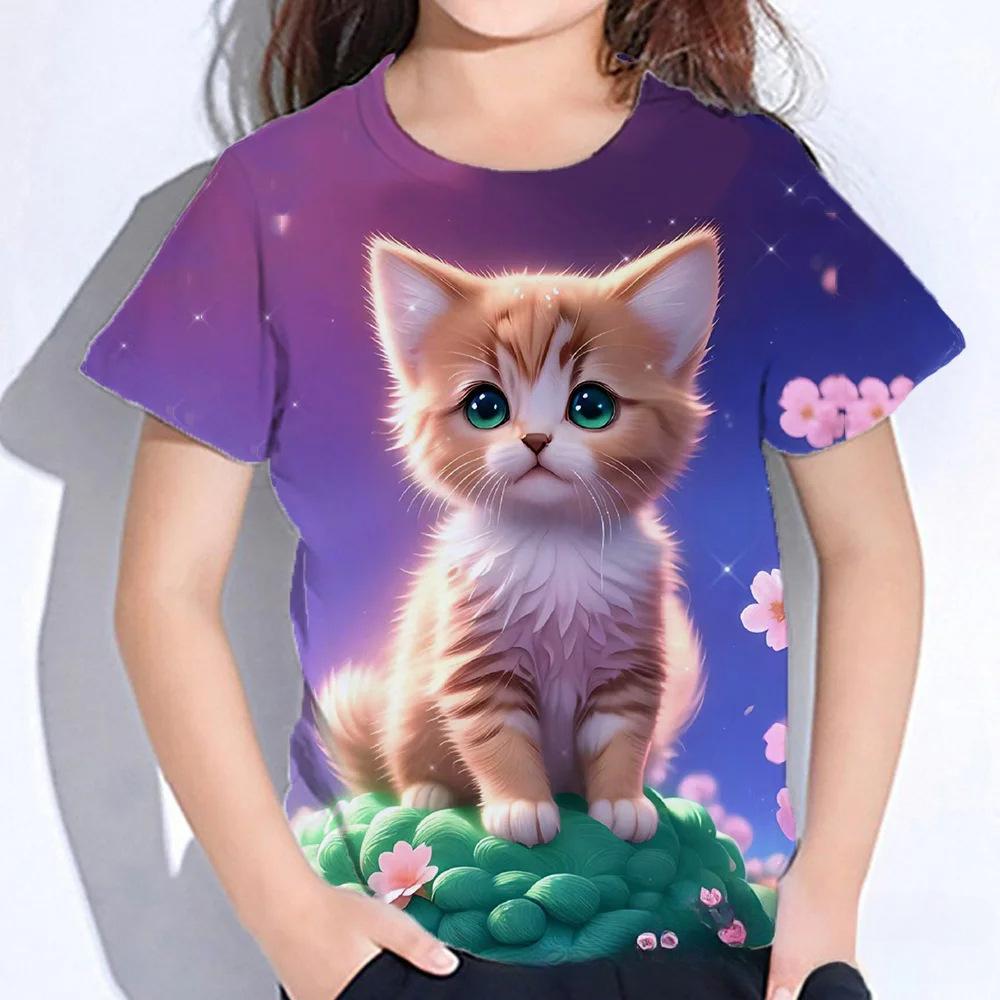 Summer Round Neck 3D Cat Printed Top Fashionable Casual Short Sleeved Children's Girl T-shirts