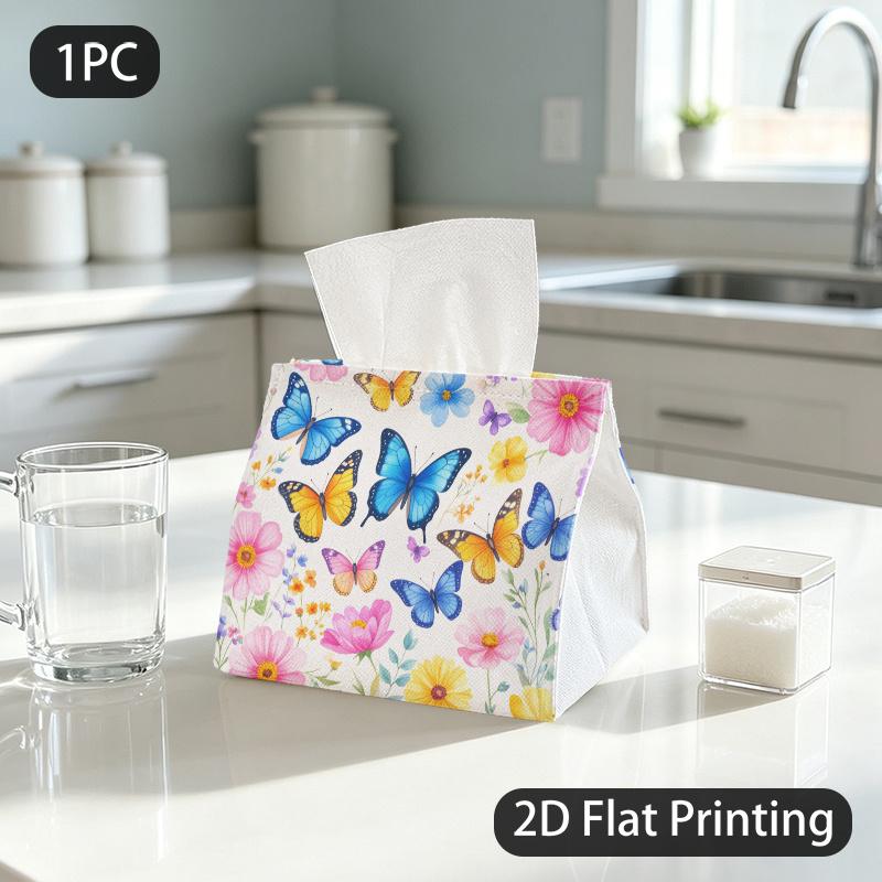 1pc Tissue Box, Watercolor Butterflies And Flowers Joyful Fresh Pattern, 2D Flat Printing, Polyester Fabric, Foldable, Tissue Organizer, for Counterto