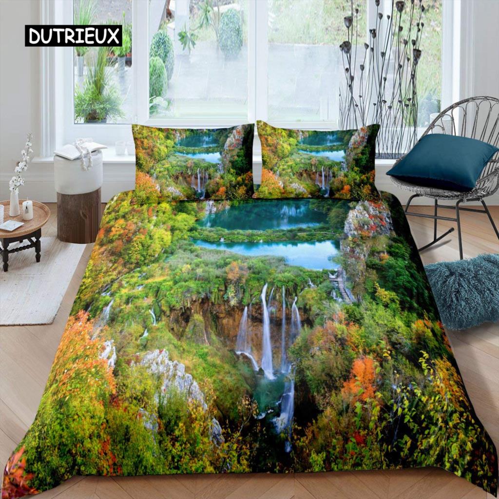 3D Waterfall Duvet Cover Set King Size Microfiber Botanical Floral Trees Pattern Bedding Set Purple Dream Theme Comforter Cover