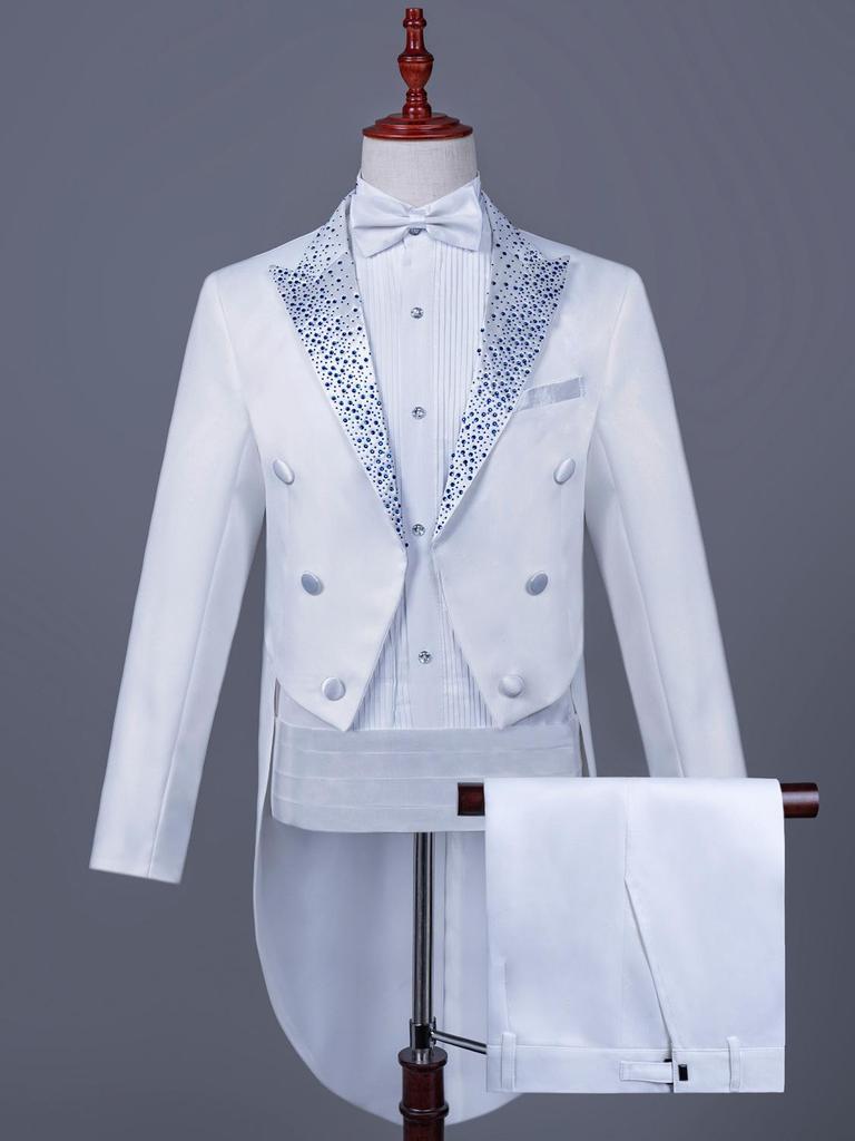 Men's Black and White Rhinestone Tailcoat for Magician, Singer, or Conductor - Formal Performance Wear