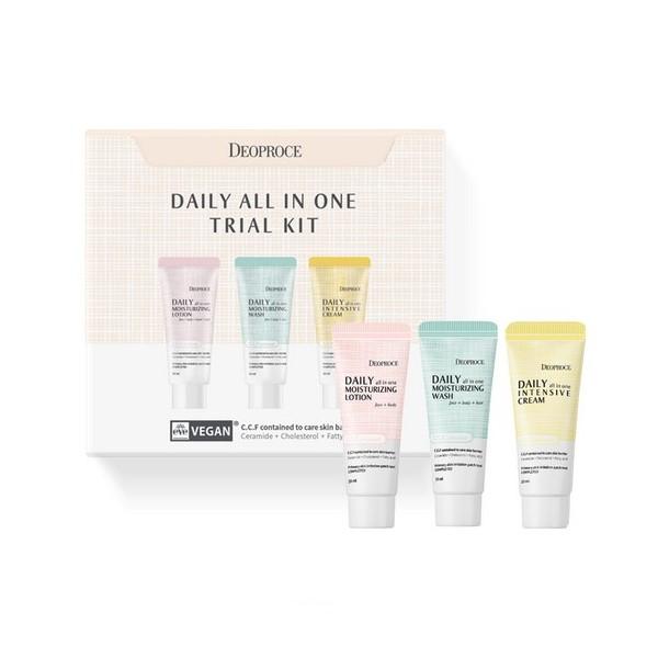Deoproce Vegan Daily All-in-One Probier-Set 3 Stück (Feuchtigkeitsspendende Waschlotion 20ml + Lotion 20ml + Intensivcreme 20ml)