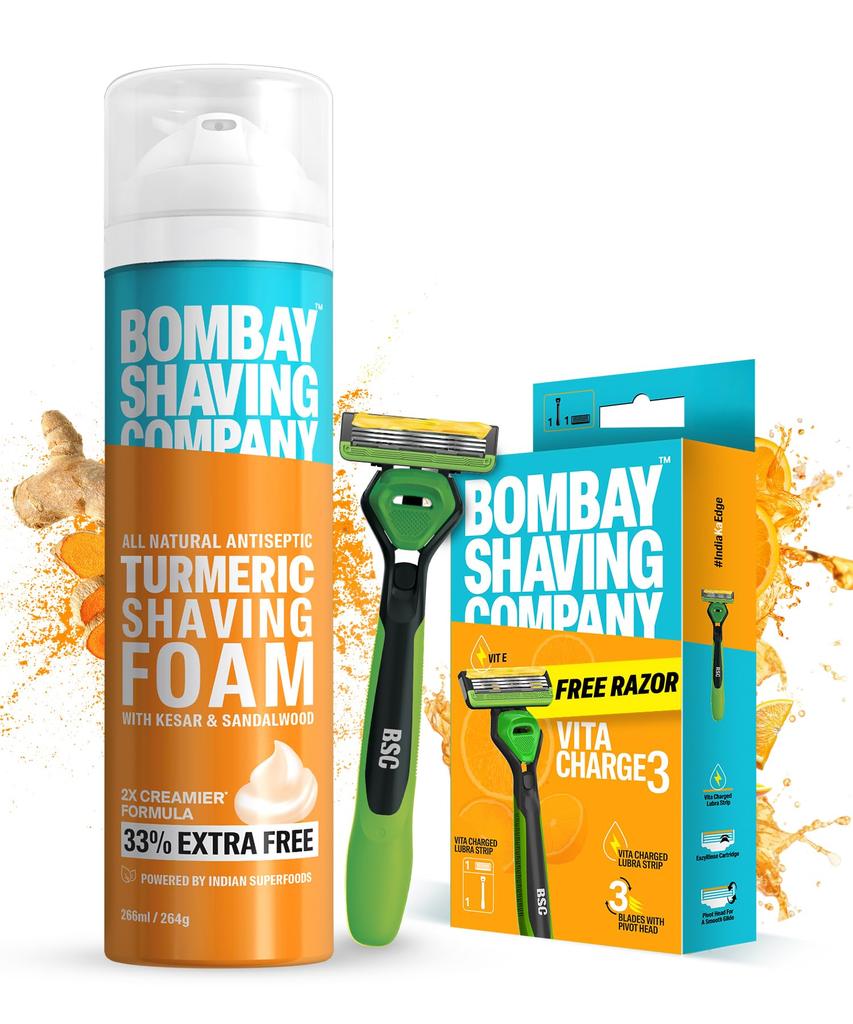 Bombay Shaving Company Vita Charge 3 Razor And Turmeric Shaving Foam Combo | Shaving Razor For Men | Vitamin E Infused Lubra Strip | | Pivot Head F