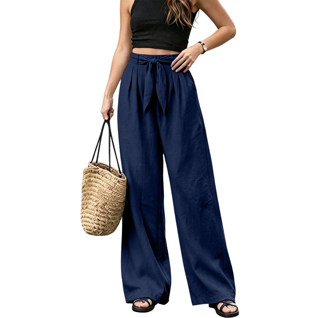 Women's Wide Leg Pants with Bowknot Belt Loose Fit Color Casual Trousers