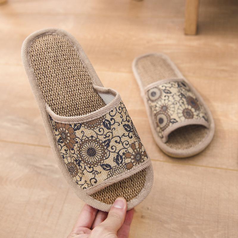 

Женские и мужские льняные тапочки на четыре сезона, нескользящая мягкая подошва для дома, милые и прохладные для весны и осени 44-45 кофейный