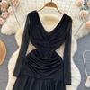 Women Casual Sleeve Long Neck V Solid Color Dress Waist High A Line Sheath Spring Elastic Mini