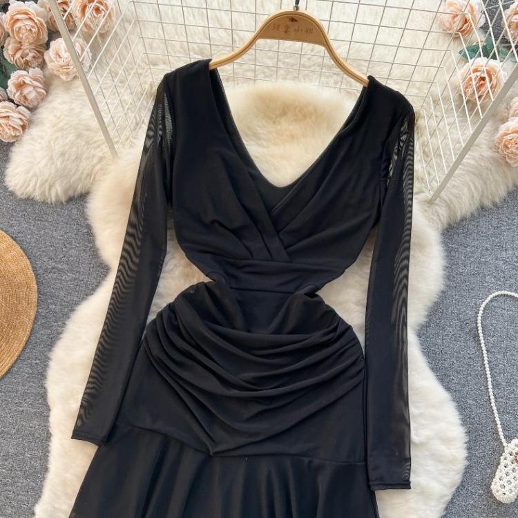 Women Casual Sleeve Long Neck V Solid Color Dress Waist High A Line Sheath Spring Elastic Mini