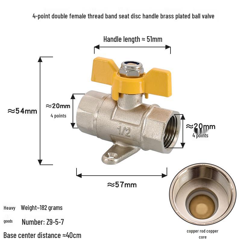 Brass Ball Valve with Copper Core: Male/Female, Double Female, 1/2", 3/4", 1" Sizes, for Water and Gas Pipes.