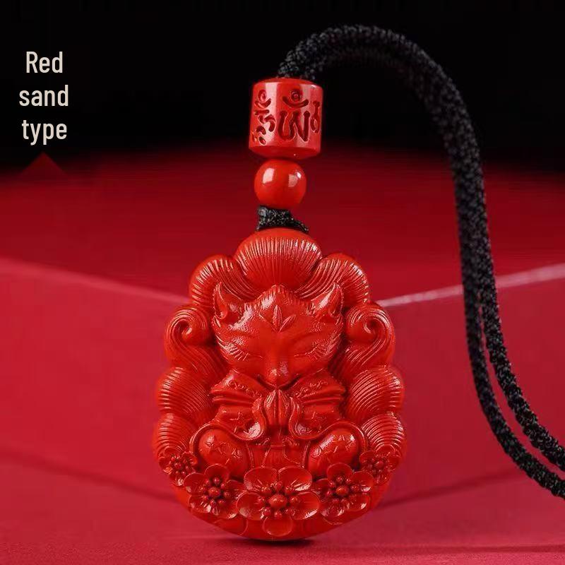 Cinnabar Zisha Red Nine-Tailed Fox Pendant Necklace & Keychain Charm