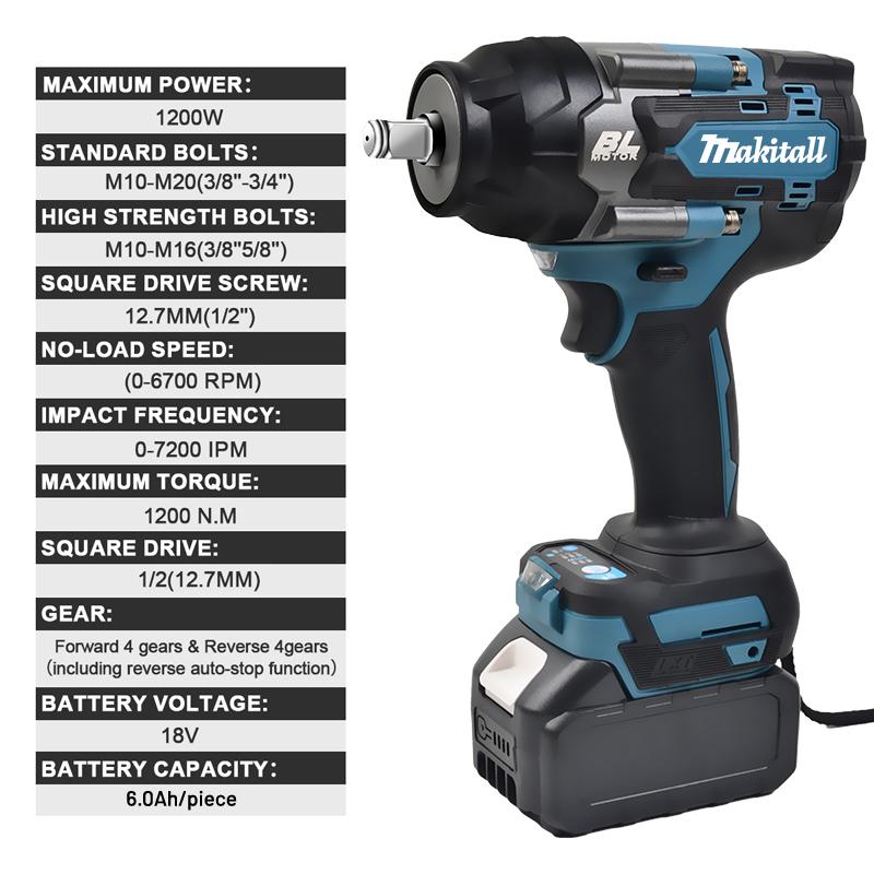 1200N. M Torque Brushless Electric Impact Wrench 1/2 Inch Cordless Wrench Screwdriver Power Tools for Makita 18V Battery Pin