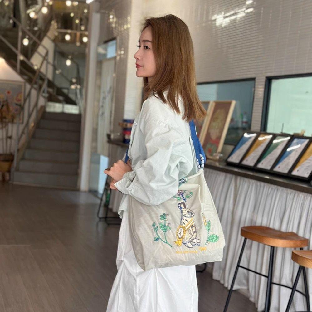 Embroidered Eco-Friendly Canvas Shopping Tote - Large Capacity Handheld/Shoulder/Crossbody Bag
