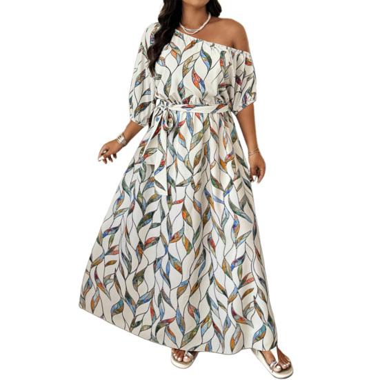 

Women s Floral One Shoulder Maxi Dress Short Sleeve A-line Swing Long Dress Formal Evening Party Wedding Guest Dress with Belt XL разноцветный