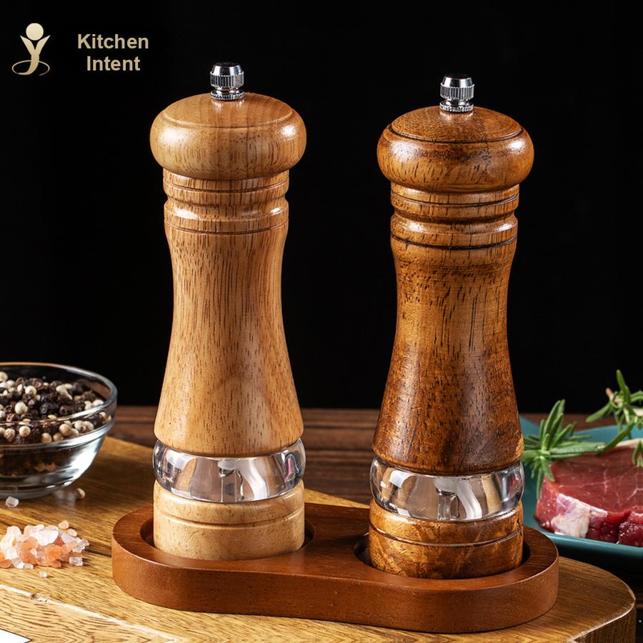 Manual Pepper Grinder Kitchen Wooden Spice Mill for Black Pepper, Salt, and Herbs