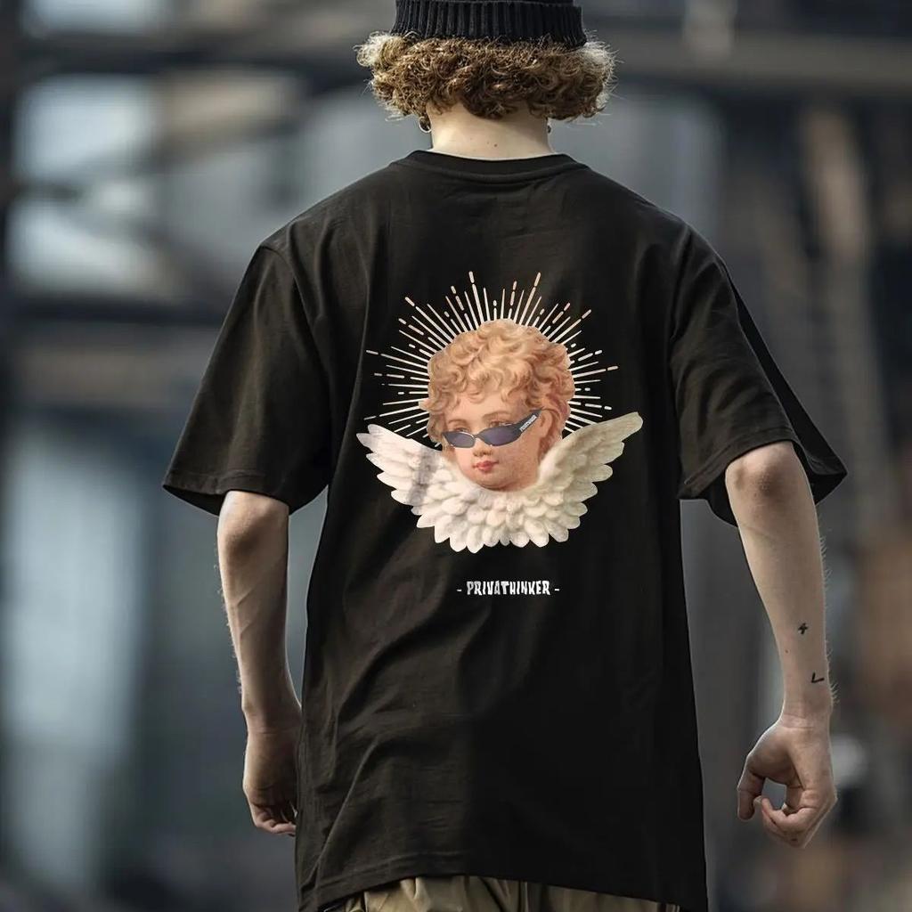 Cute Angel Men Oversized Cotton T-shirts Short Sleeve Hip Hop Tops For Male Fashion Summer Clothing Streetwear O-neck Tees