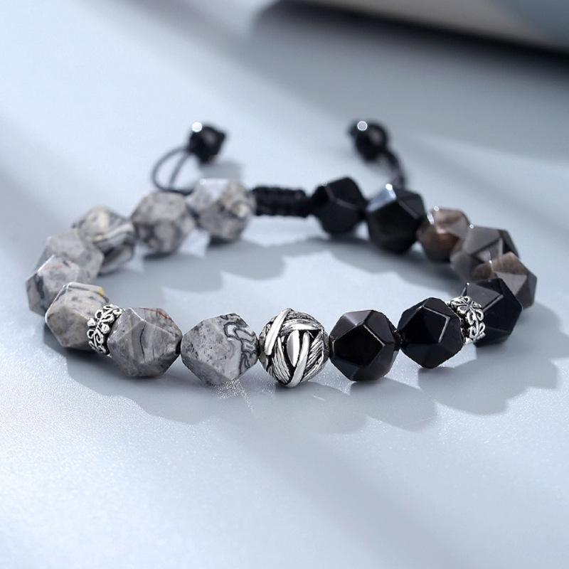 925 Silver Obsidian Bead Bracelet for Men and Women, Niche High-end Bracelet, Map Stone Bracelet