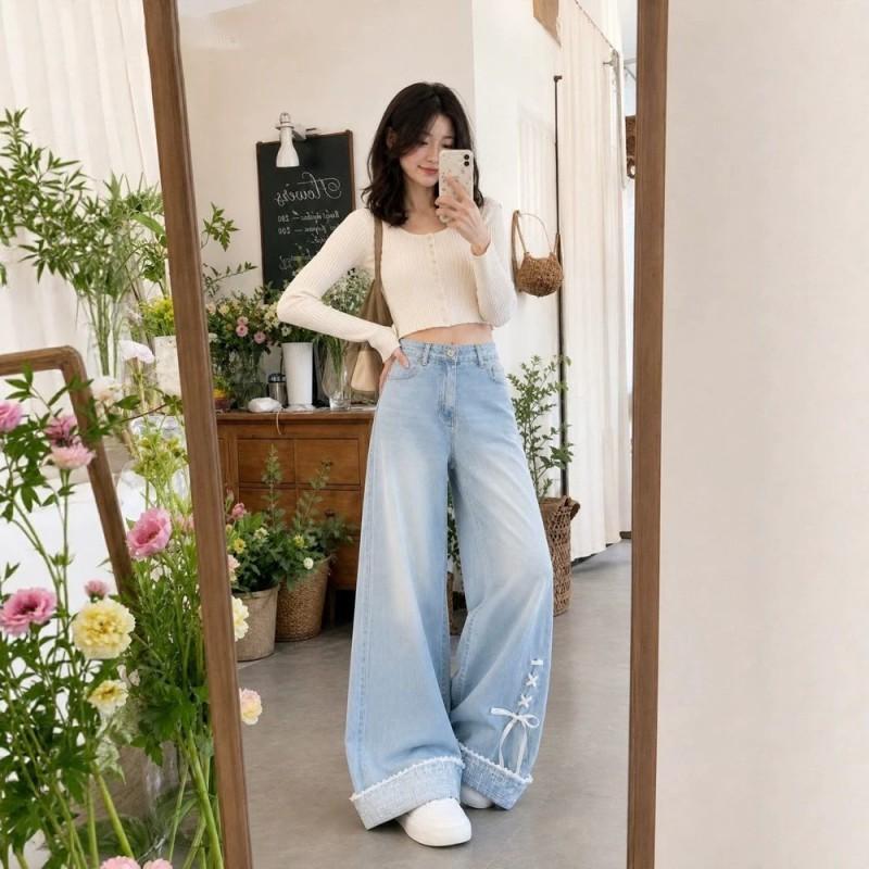 Womens High Waist Wide Leg Jeans Light Blue Fresh Sweet Style Casual Long Pants Teens