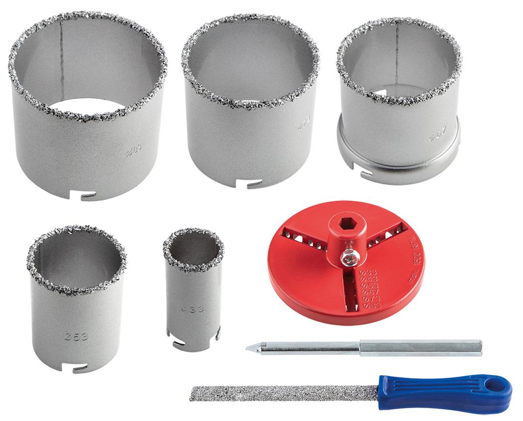 Tungsten hole saws 32-83 mm, set of 5 + file