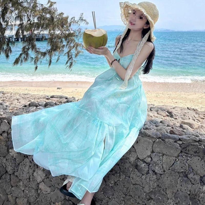 Mint Mambo Seaside Resort Atmosphere Beach Dress Design Sense Neck Dress Fairy Temperament Swing Skirt