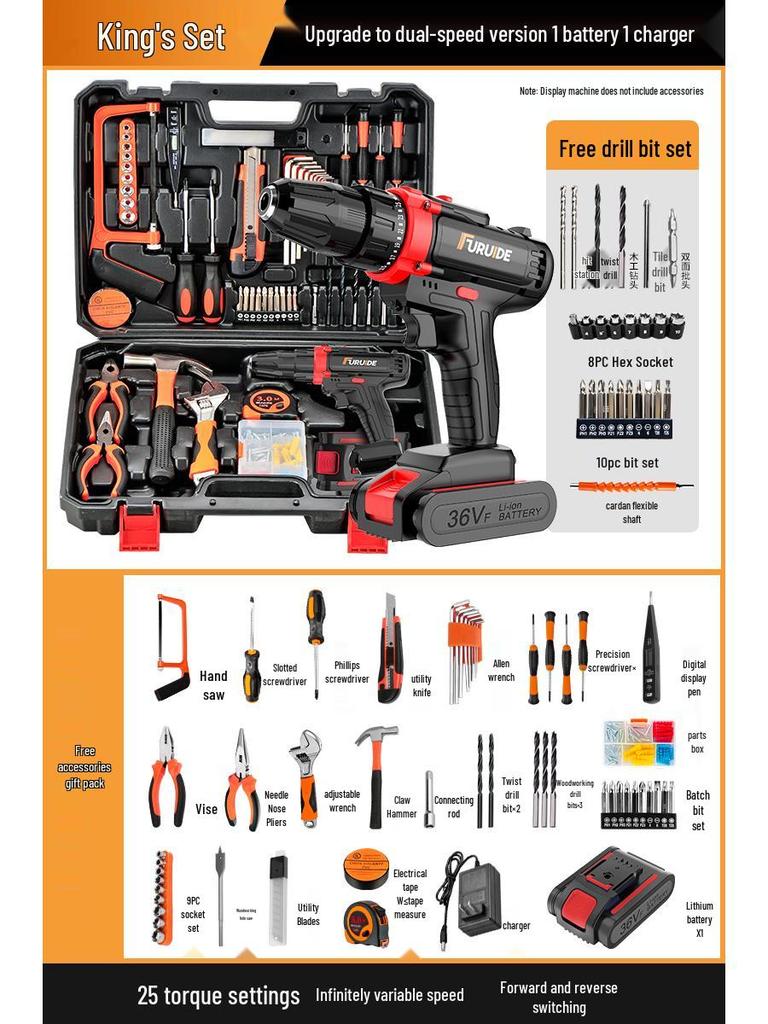 Wielofunkcyjny zestaw narzędzi elektrycznych z wiertarką i śrubokrętami