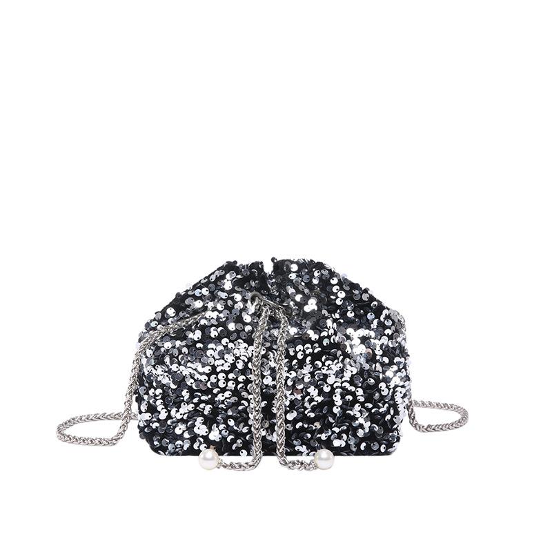 Fashion personalized sequined bucket bag women's 2025 new shoulder bag crossbody dinner bag trendy folds