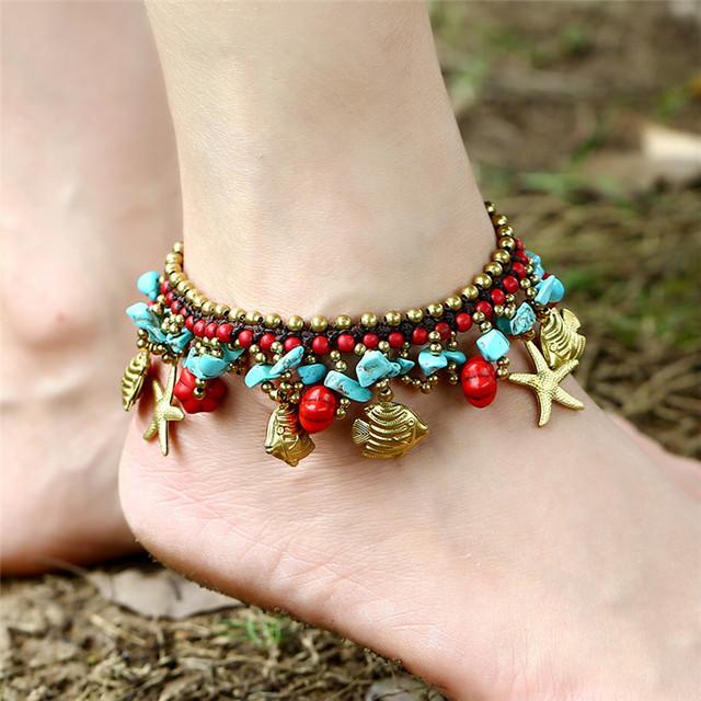 Bohem Etnik Plaj Modası Kolye Püsküllü Halhal Saf El Örgüsü Kadınlar İçin Deniz Hayvanları Doğal Taş Çanlar Ayak Aksesuarları