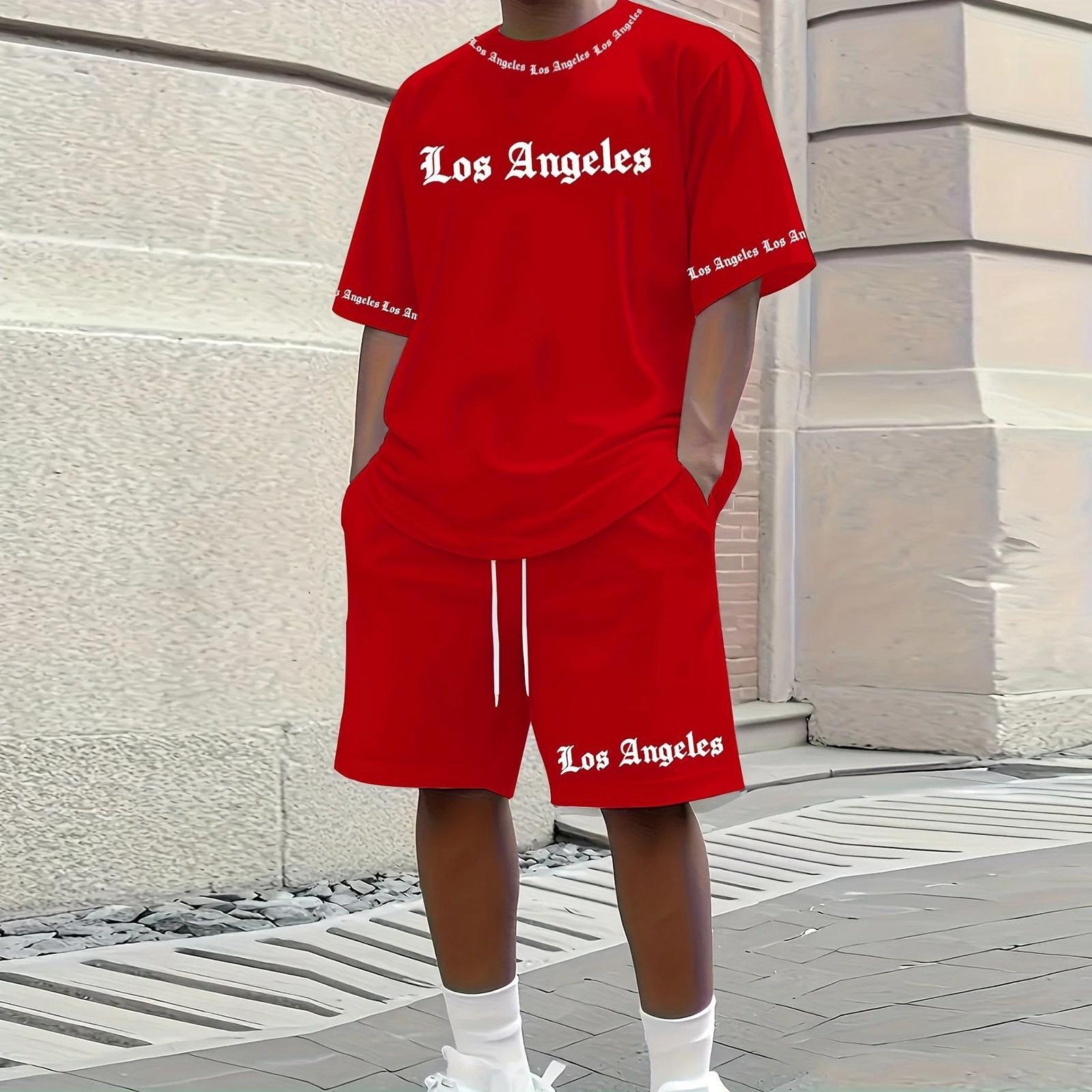 

Men’s Two Piece Set Short Sleeve Crewneck T Shirt and Drawstring Shorts Letter Print Casual Outfit S