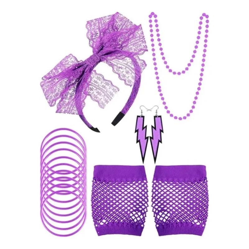 Halloween 80s Fancy Party Costume Set Lace Headband Neon Earrings Fingerless Fishnet Gloves Accessories Women Clothing Typical