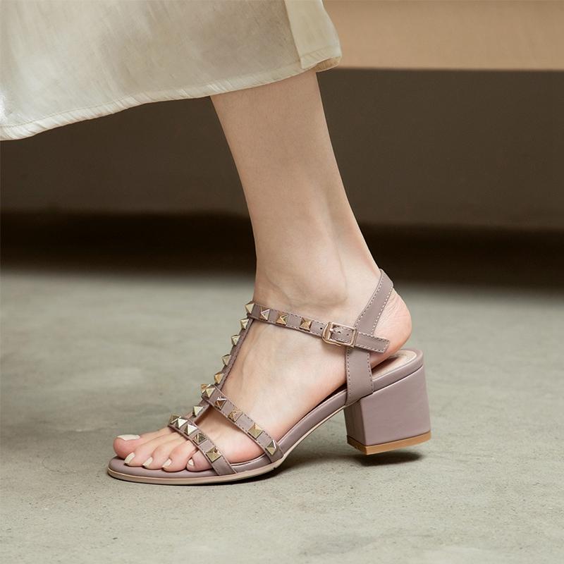 Fashion Women's New Spring/Summer Round Head Genuine Leather Cowhide Metal Rivet High Heel Large Elastic Strap Roman Sandals