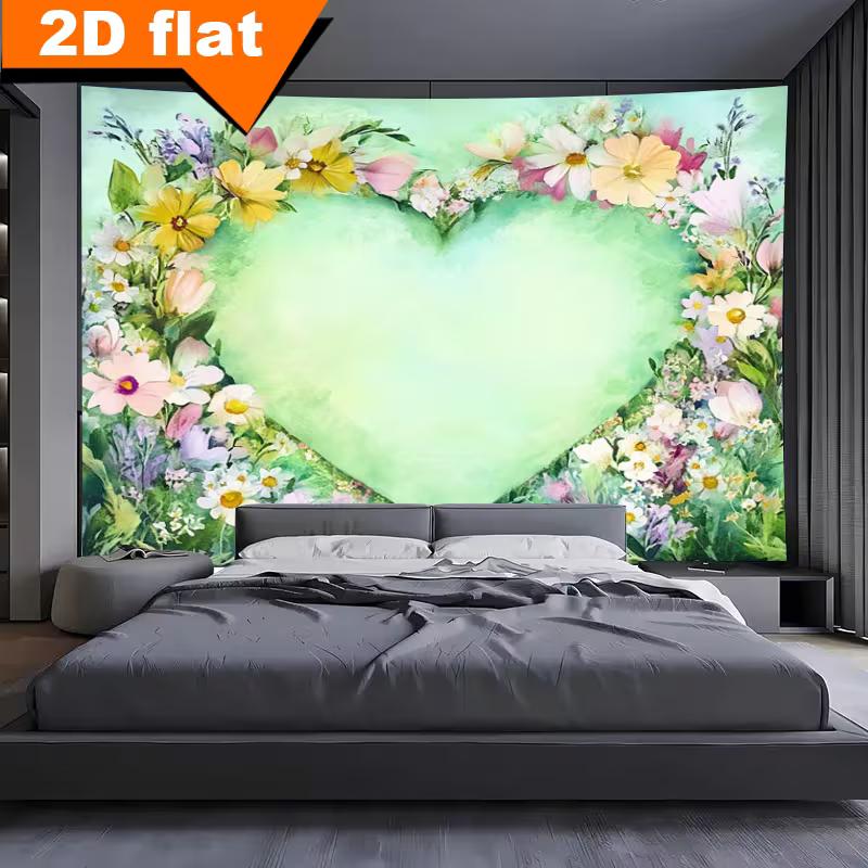 2D Pastel Green Heart Tapestry, Wildflower Floral Wreath Wall Hanging 47.2x31.5inch/120*80cm