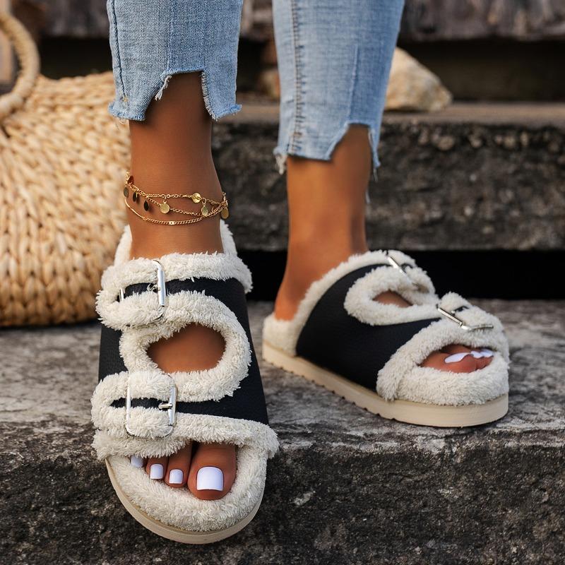 Thick-soled Fluffy Slippers for Women Outside, Autumn New One-word with Velvet Cotton Slippers, Home Wear Cotton Shoes for Women Outside