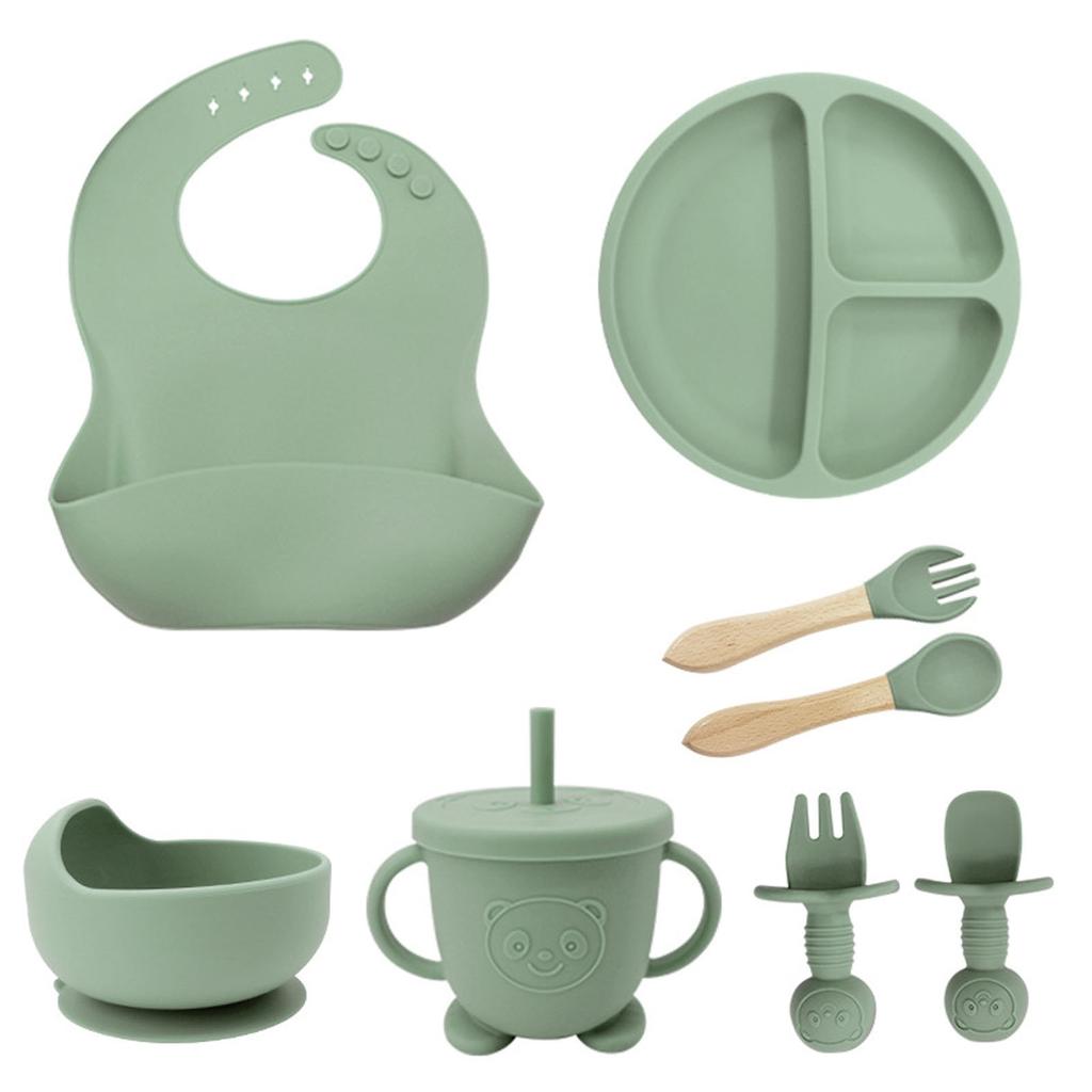 Baby Feeding Set 8-Piece: Hypoallergenic, Ergonomic, Portable, BPA-Free, Soft Durable Silicone, Easy Clean, 12M+ , Green