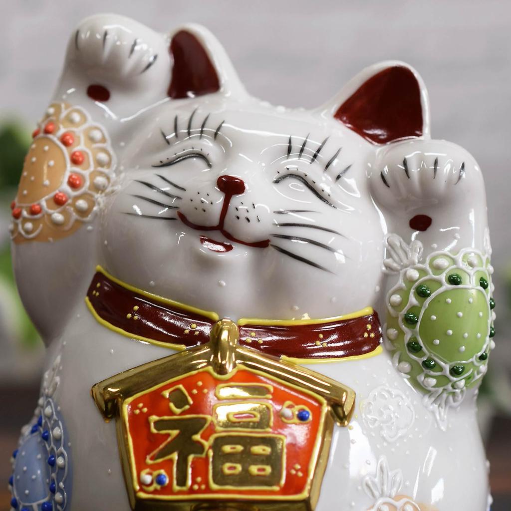 Waza no Kura cute beckoning cat ornament Kutani ware both hands raised ema white glaze feng shui good luck interior pottery Japanese style small items