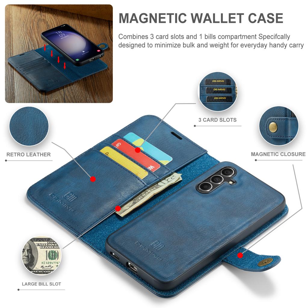 DG.MING for Samsung Galaxy S23 FE Detachable Phone Cover Split Leather Wallet Stand Phone Case