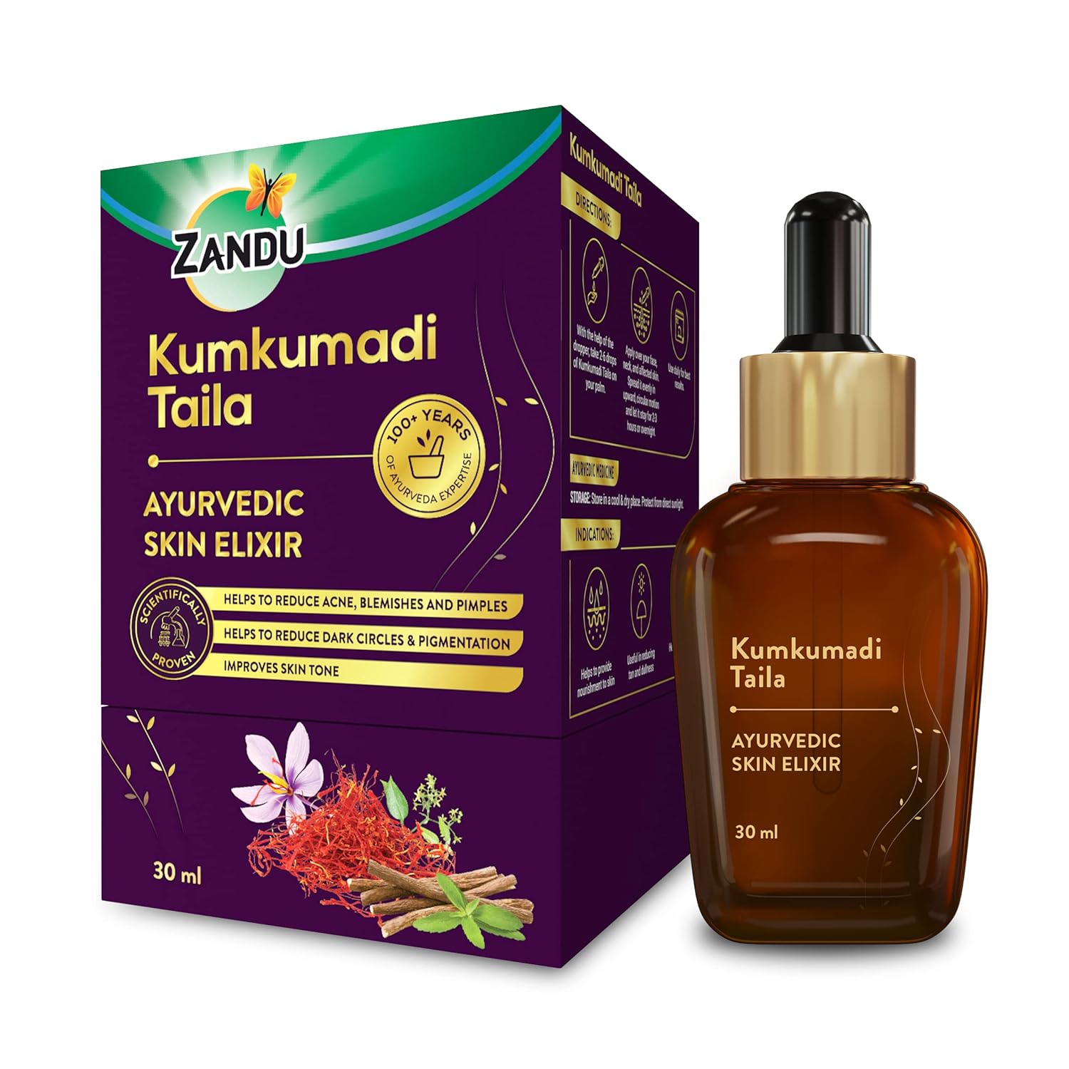 Zandu Kumkumadi Taila Ayurvedic Face Oil For Glowing Skin Night Care Facial Serum For Radiance Even Tone 30 Ml Bottle