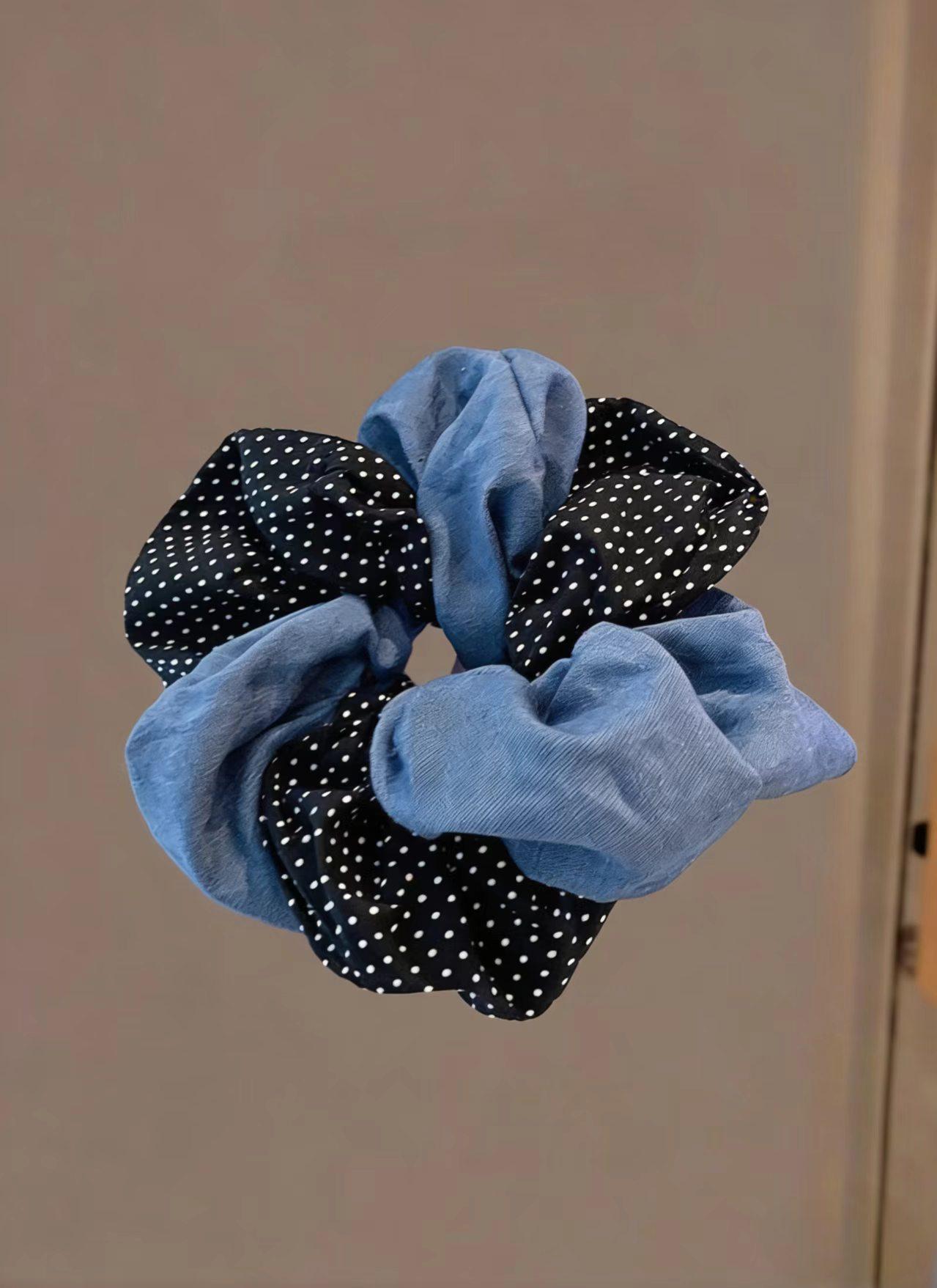 Retro Forest-Style Blue Polka Dot Fabric Scrunchie for Korean Girl Bun Hair Tie