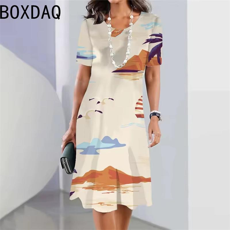 3D Hawaii Coconut Tree Print A-Line Dress Women Summer Beach Elegant Boho A-Line Dress Big Size Short Sleeve O-Neck Casual Dress