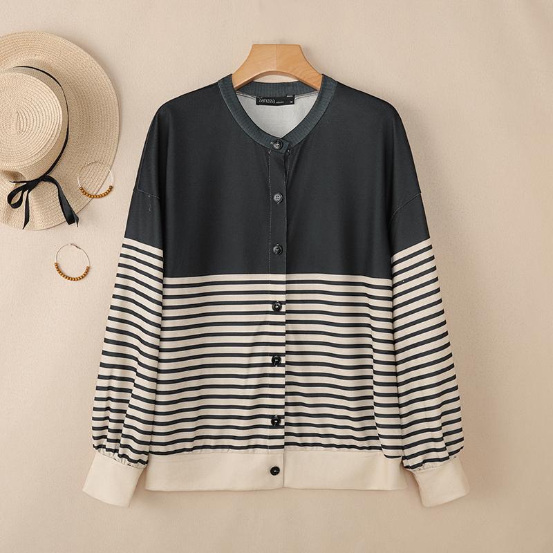 ZANZEA Blusa feminina casual gola redonda manga comprida listrada
