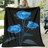 1pc Blue Roses On Black Background Blanket - Lightweight Flannel Throw for Sofa, Outdoor, Camping, Living Room, Office, Chair, And Bed - Digital Print