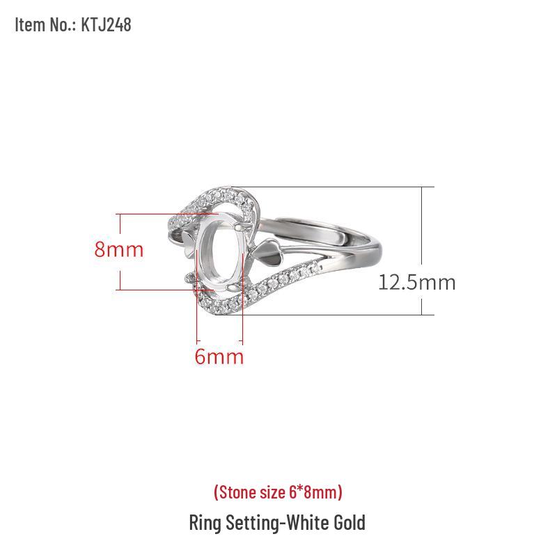 

18K White Gold Plated 925 Sterling Silver DIY Ring Setting with Amber Inlay, 6x8mm. Adjustable Open Size