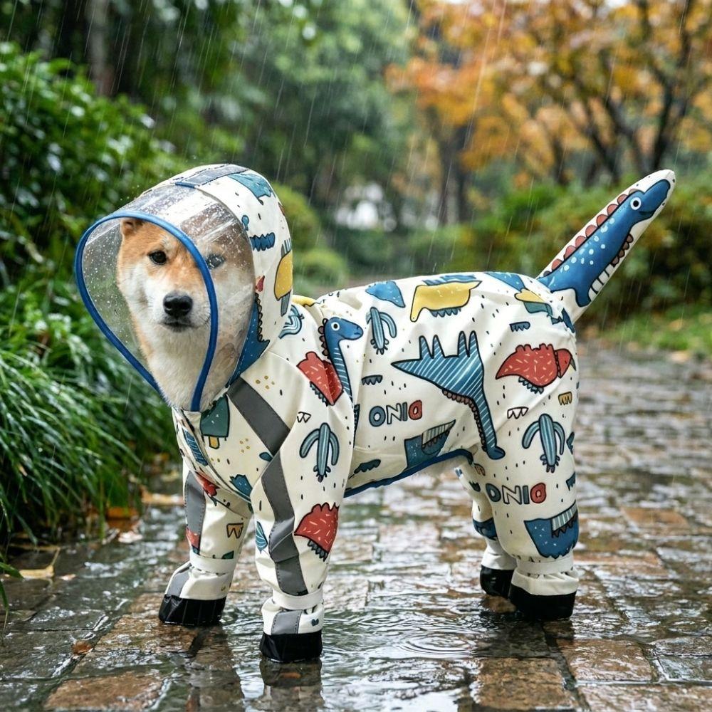 Windproof Dog Hooded Raincoat Cartoon Dinosaur Pattern Removable Tail Cover Pet Waterproof Cloak with D-ring Dog Rain Cloak