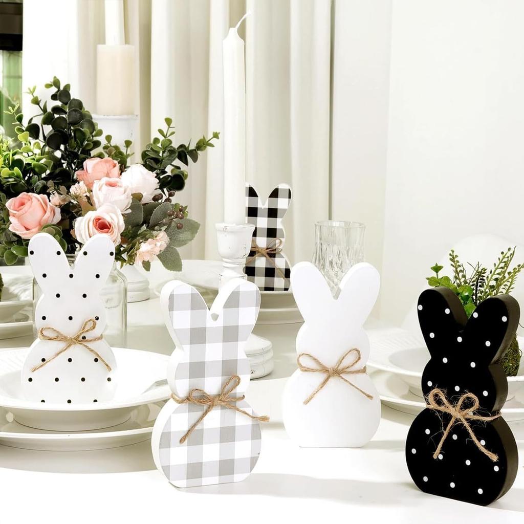 Easter Decorations - 5 Pcs Bunny Wooden Decor Signs Desktop Centerpiece Tiered Tray Ornaments Spring Cute Rabbits for Home Farmhouse Office