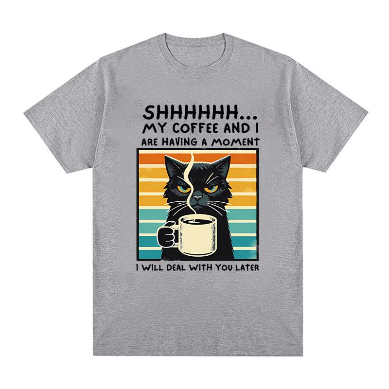 Funny Coffee Cat Print Tshirt Summer Unisex Casual Fashion Loose Streetwear Comfortable Tops Crew Neck Short Sleeve Tshirts