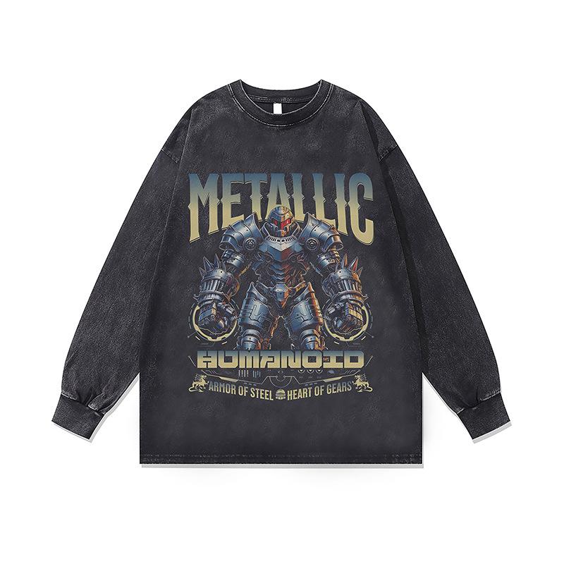 Heavy Weight Cotton Bottoming Shirt Dark Cartoon Digital Direct Injection Printing Retro Washed Long-Sleeved T-Shirt Men