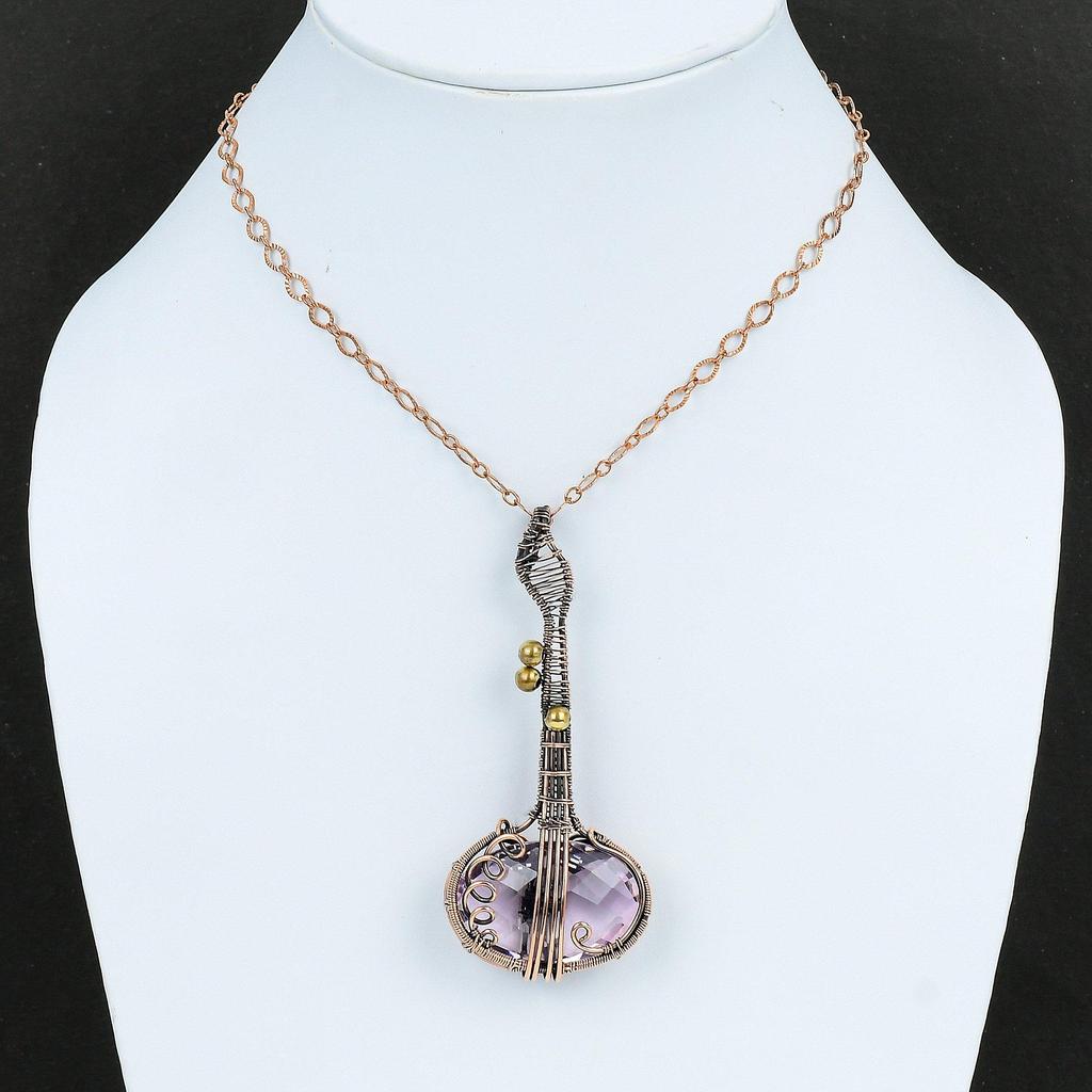 Pandantiv Cupru Kunzit Roz Pandantiv Înfășurat în Sârmă de Cupru Pandantiv Mare din Cupru Pandantiv Handmade în Formă de Chitară Bijuterii cu Pietre Prețioase Pandantiv Instrument Muzical