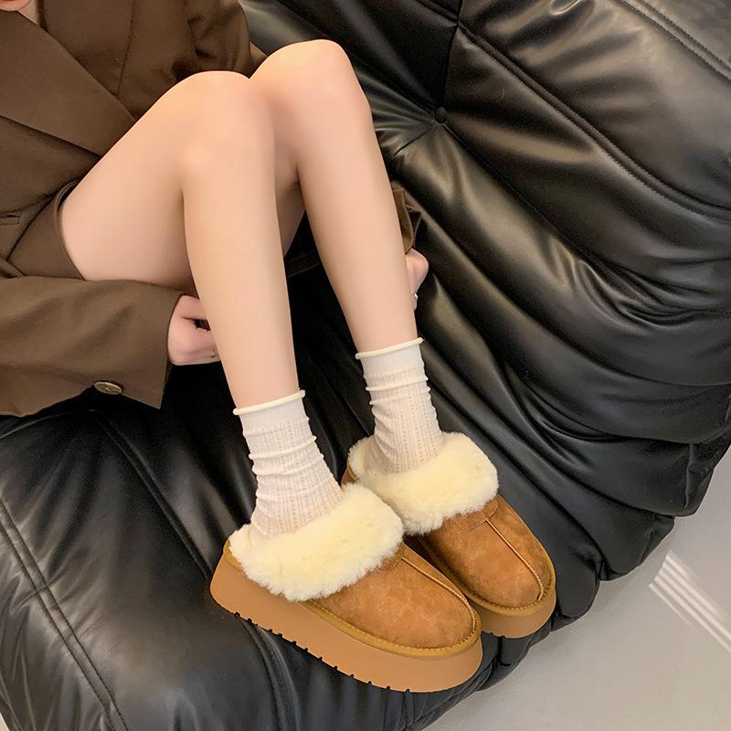 Thick-soled heightening, piled warm snow boots, half-towed fluffy cotton slippers, women's outer wear, new winter one-pedal
