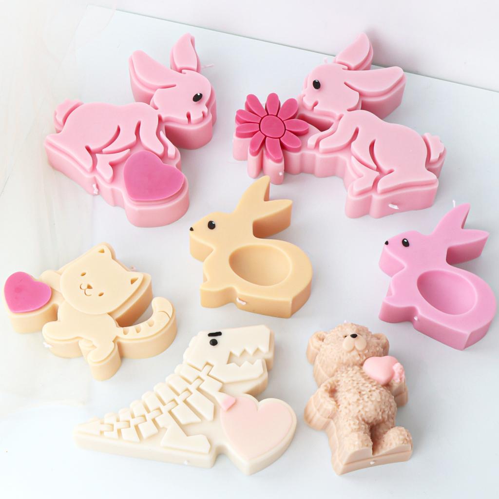 Cute Rabbit Bear Silicone Soap Mould DIY Flower Bunny Cat Candle Resin Plaster Making Heart Animal Mold DIY Gift
