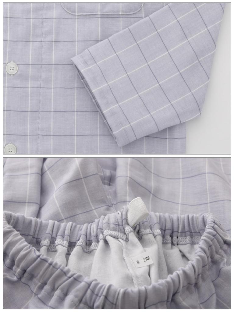 SUIMIN CARE Made in and Gauze Shirt Long Check Sizes LL Gray Japan, Unisex, Men's Women's, Triple-Layer Pajamas, Sleeve, 100% Cotton, Pattern,