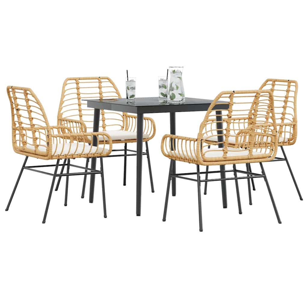 5 Piece Outdoor Dining Set with Cushions Brown Poly Rattan Glass Table
