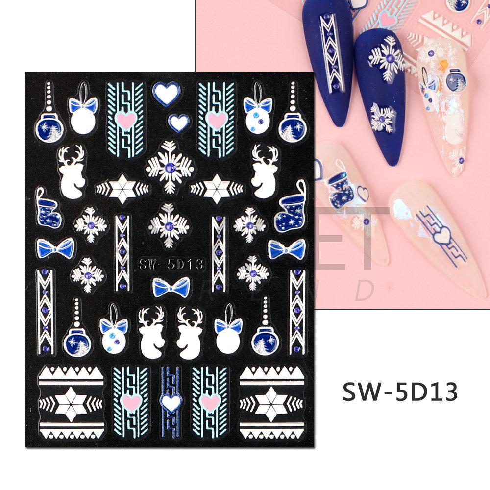 5D reliéfní vánoční samolepky na nehty obtisky sněhové vločky jelení zvonky mušle hvězdice zimní dekorace na nehty