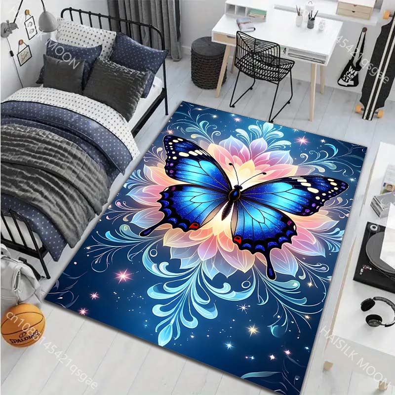 1PC Blue Butterfly Floral Stars Carpet for Living Room Bedroom Sofa Home Decor Rus Non-slip Floor Mat Luxury Gift Multiple Sizes