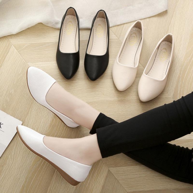 Non-slip and Wear-resistant Bottom Women's Single Shoes Soft Sole Soft Surface Mother Shoes Wedge Heel Work Shoes Flat Bottom Round Head Shallow Mout